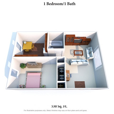 Floor plan for 1 bed, 1 bath, 530 sqft